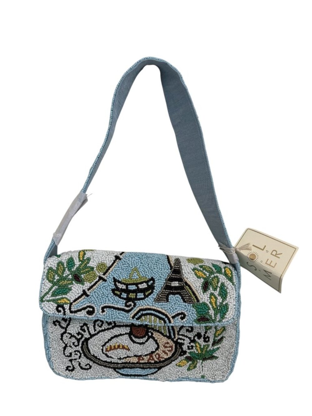Sol and Mer Paris Cafe Eiffel Tower Cafe Scene Blue Beaded Shoulder Bag NWT